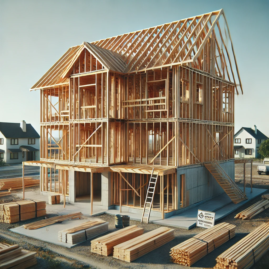 A house under construction with just wooden framing and a roof in place